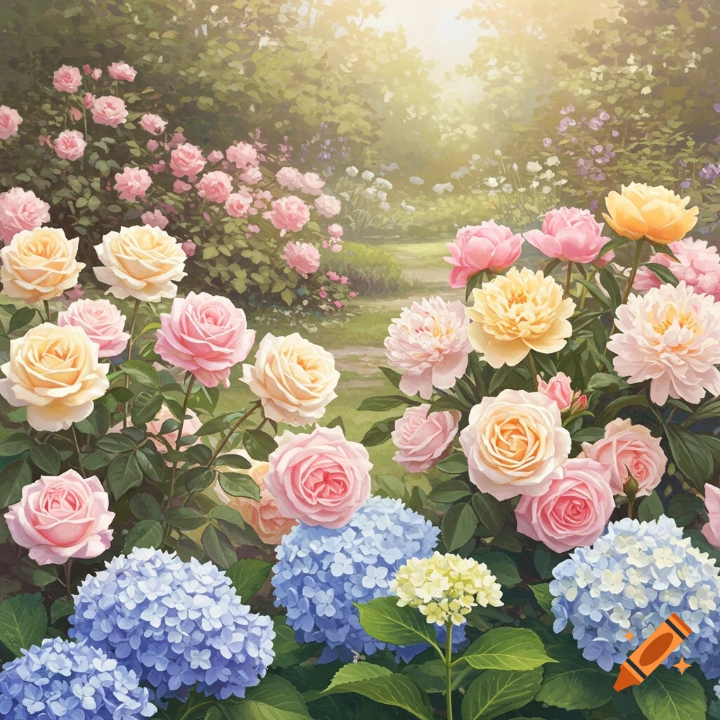 A lush garden filled with pink, yellow, and blue roses, peonies, and hydrangeas.