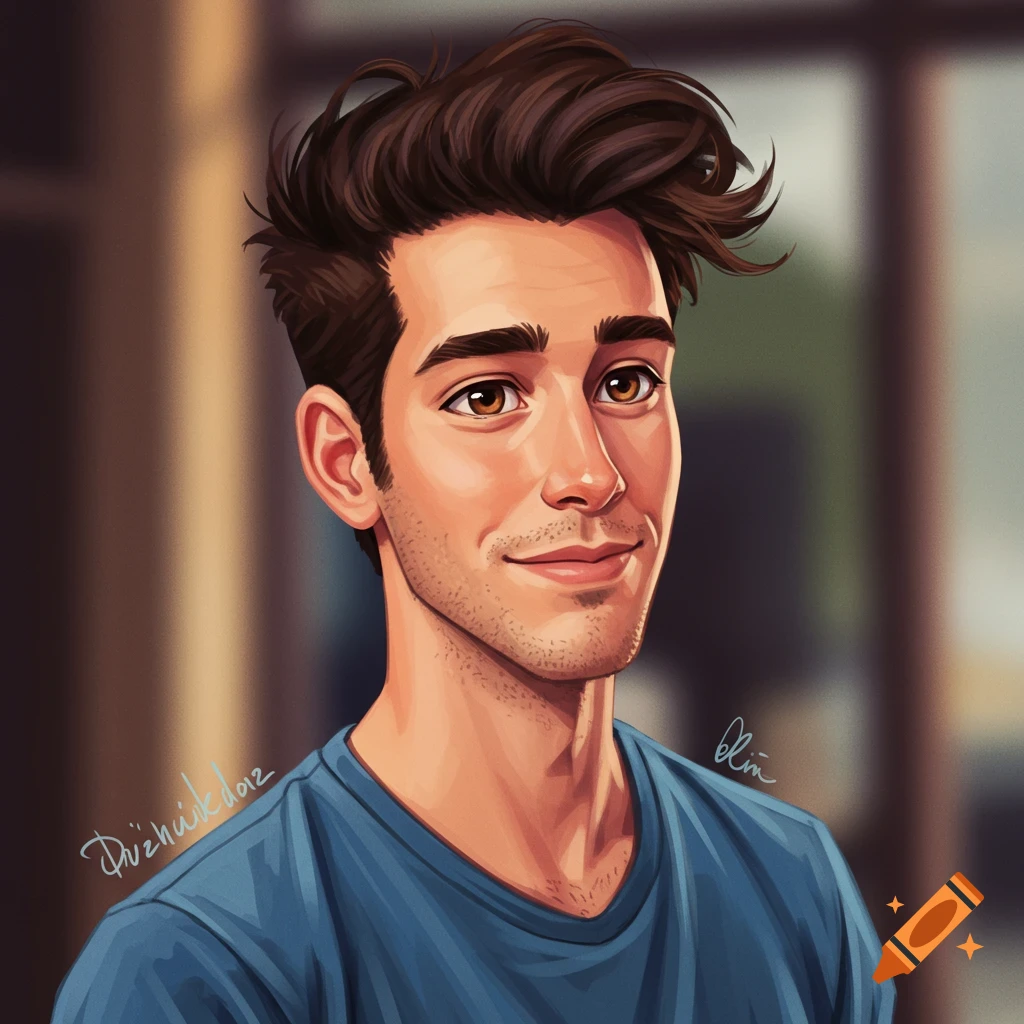 A portrait of a smiling young man in a blue t-shirt.