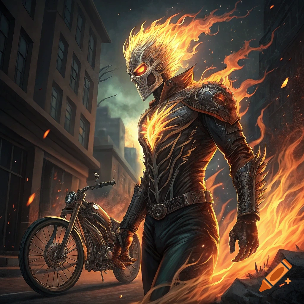 Ghost Rider stands in a city street with his motorcycle, surrounded by flames.