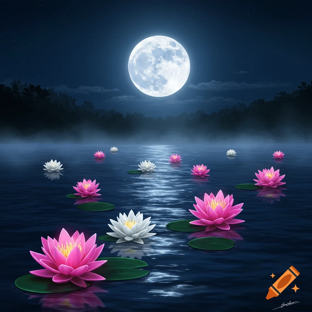 Pink and white lotus flowe rs on a lake at night under a full moon