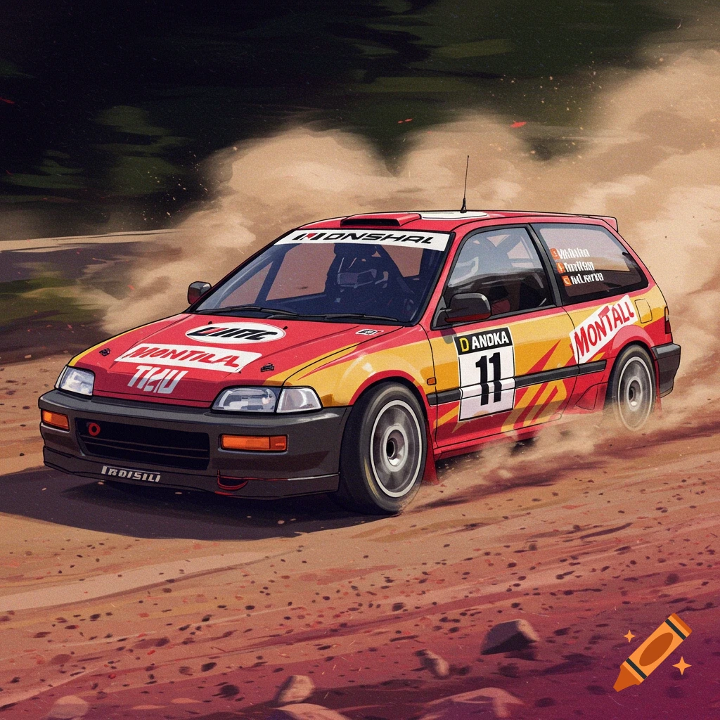 A red and yellow rally car on a dirt track, kicking up dust.