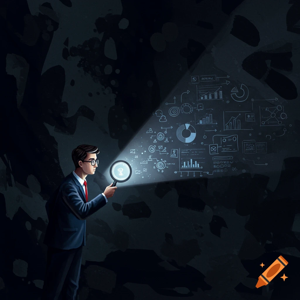 A businessman uses a magnifying glass to examine business charts and diagrams illuminated on a dark wall.