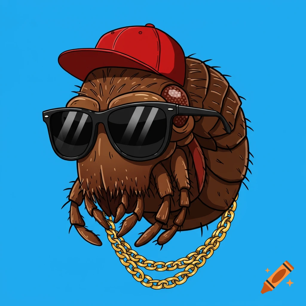 A cartoon flea wearing a red baseball cap, black sunglasses, and a gold chain on a blue background.