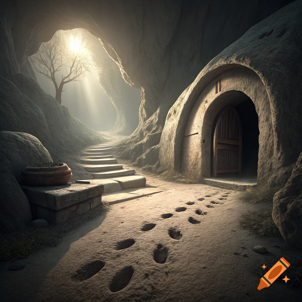 Sunlight streams into a cave showing stairs, footprints leading away from a wooden door set in the rock wall, and a bare tree.