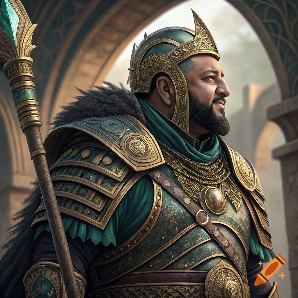 Portrait of Dj Khaled as a Jaffa warrior in ornate armor holding a staff