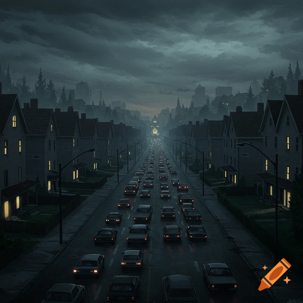 Dark image of a mysterious suburban street at dusk, filled with cars in a traffic jam.