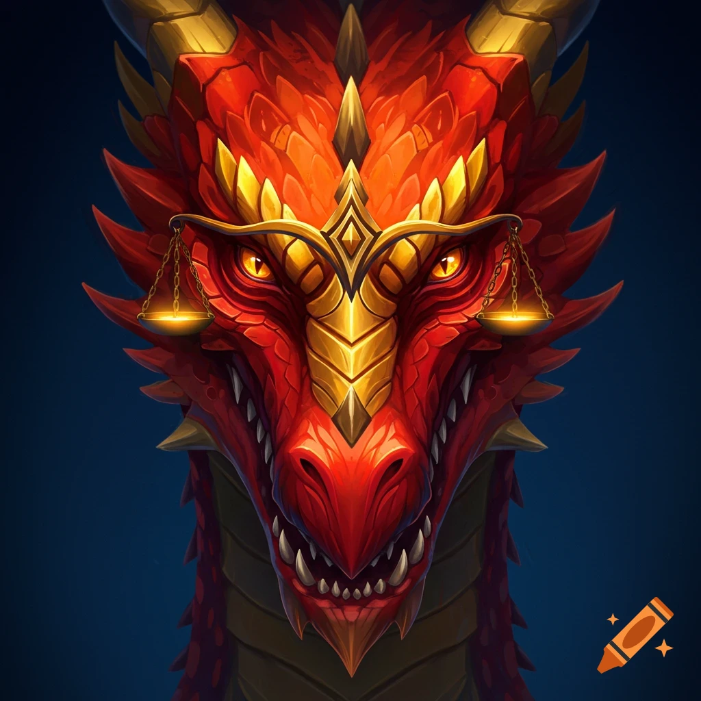 A fierce red and gold dragon head with a scale of justice over its eyes.