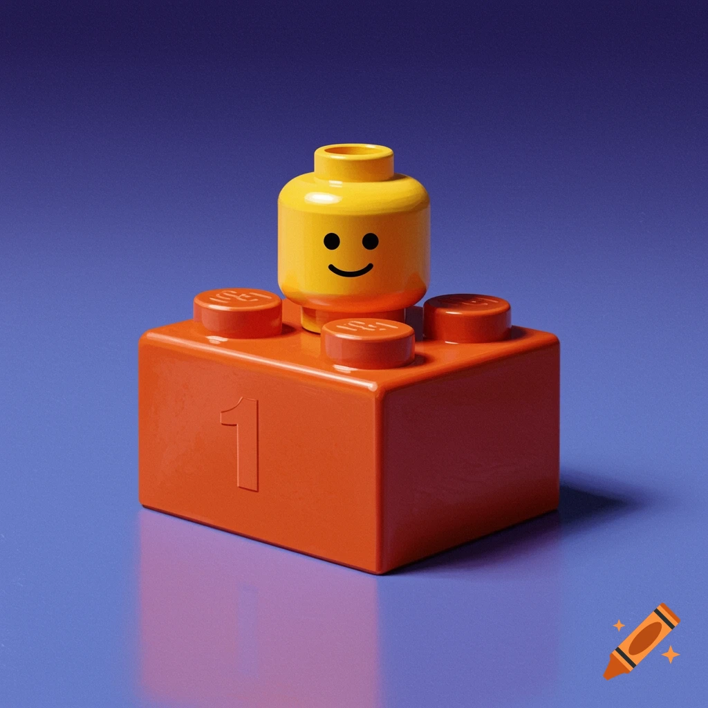 A classic yellow LEGO minifigure head on a large orange LEGO brick with the number 1 etched on its side, against a blue background.