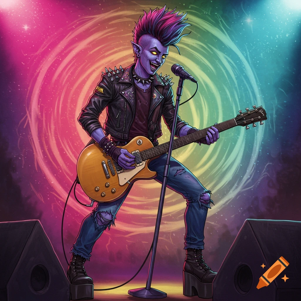 A purple-skinned fantasy creature is playing a guitar on stage.