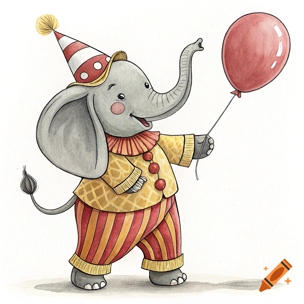 A cartoon elephant in a clown costume holds a red balloon, watercolor style.