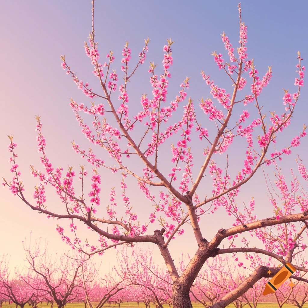 Peach tree with pink blossoms against a gradient sky.