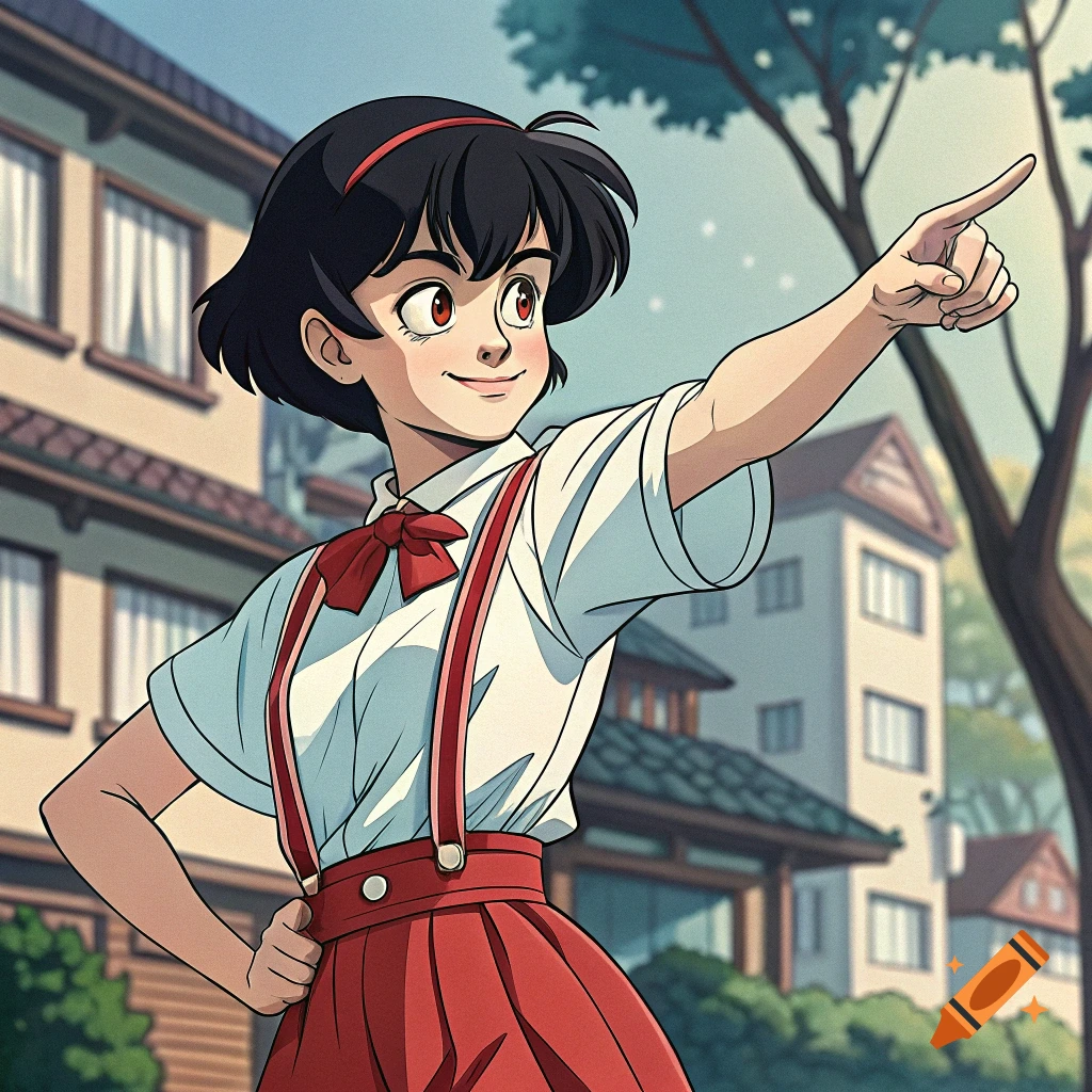 Anime girl in uniform pointing, school background