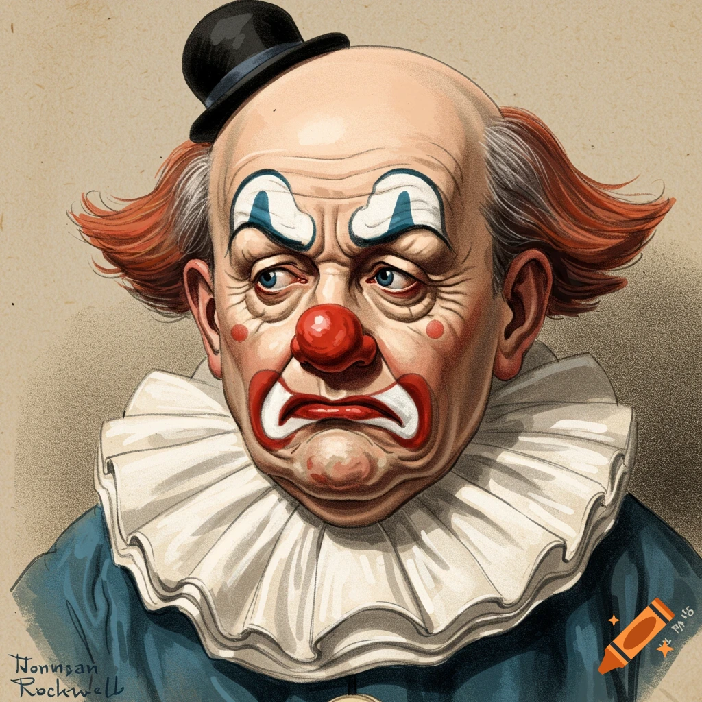 Caricature portrait of a sad bald clown with exaggerated features and a tiny hat, in an illustrative style.