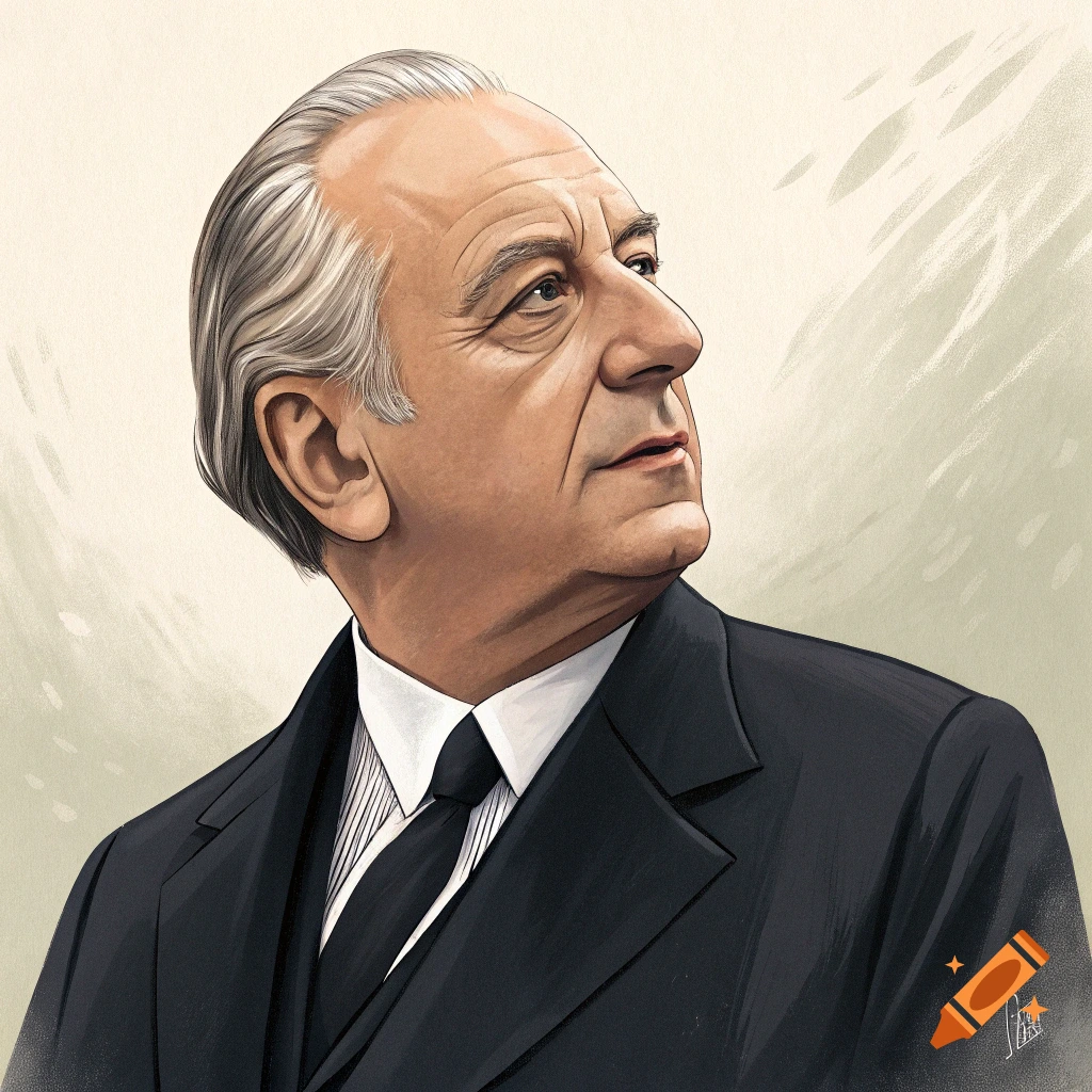 Illustration portrait of René Lévesque in a suit, looking to the side.