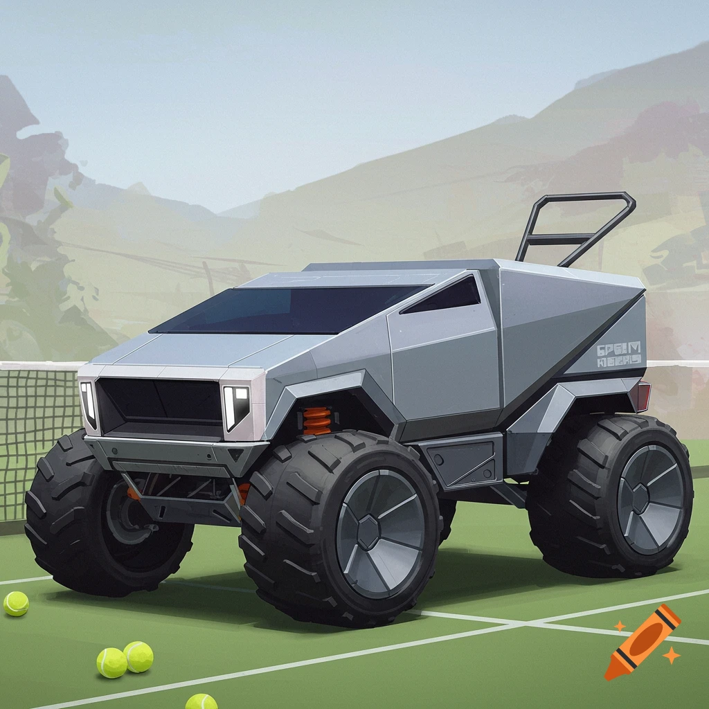A grey monster truck with Cybertruck features sits on a tennis court next to tennis balls.
