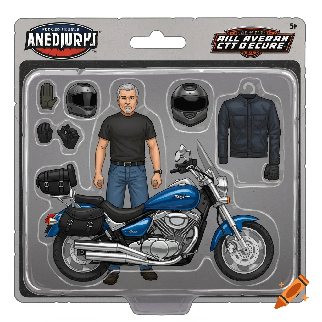Action figure packaging with a man, blue motorcycle, helmet, gloves, and jacket.