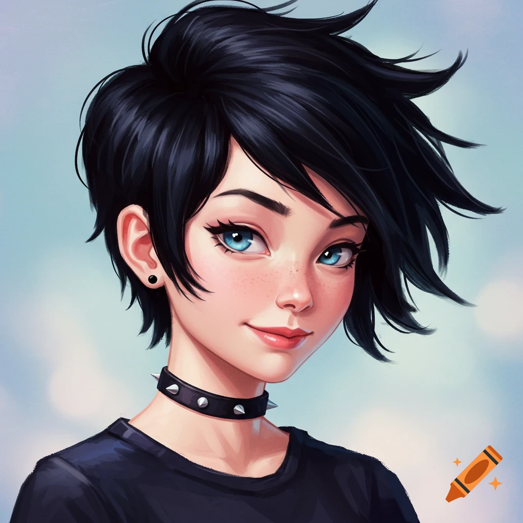 Girl with black pixie cut hair, blue eyes, and a spiked collar.
