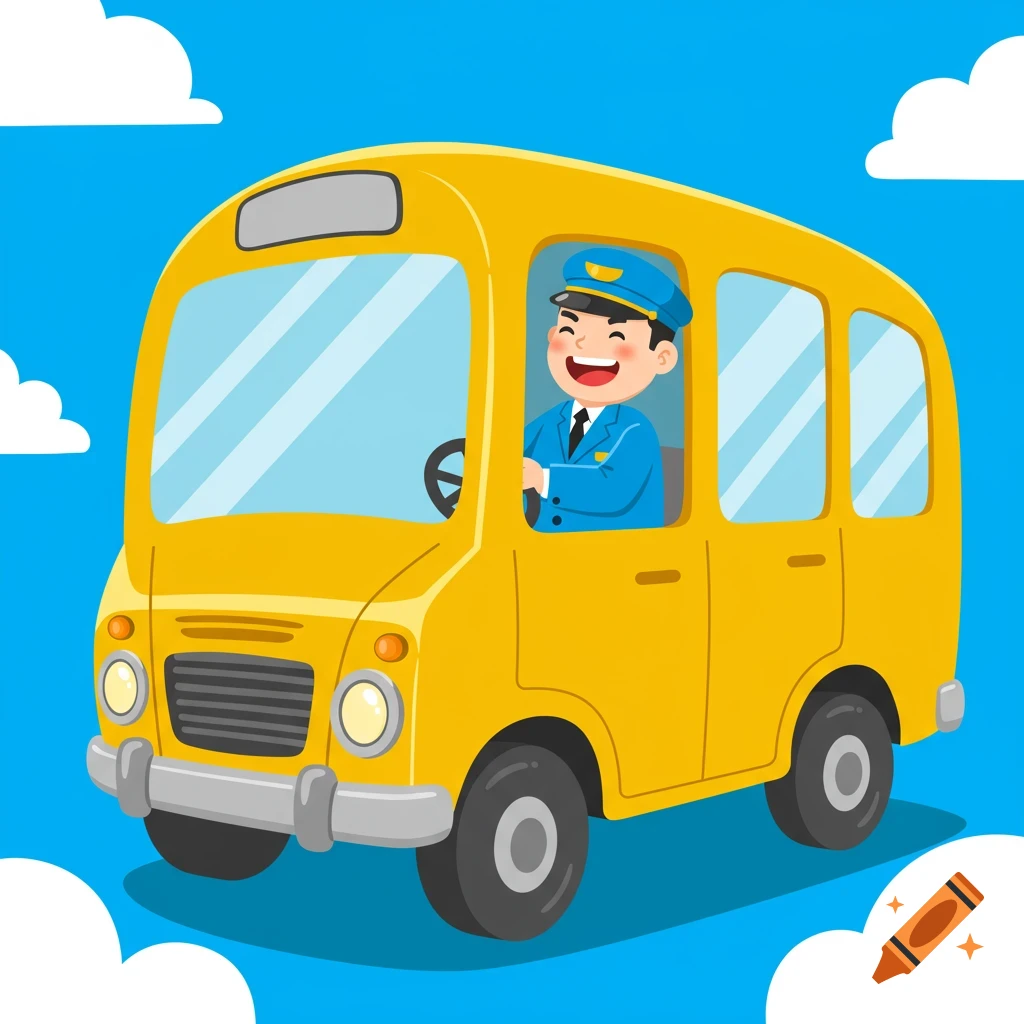 A cartoon yellow bus with a smiling driver against a blue sky.