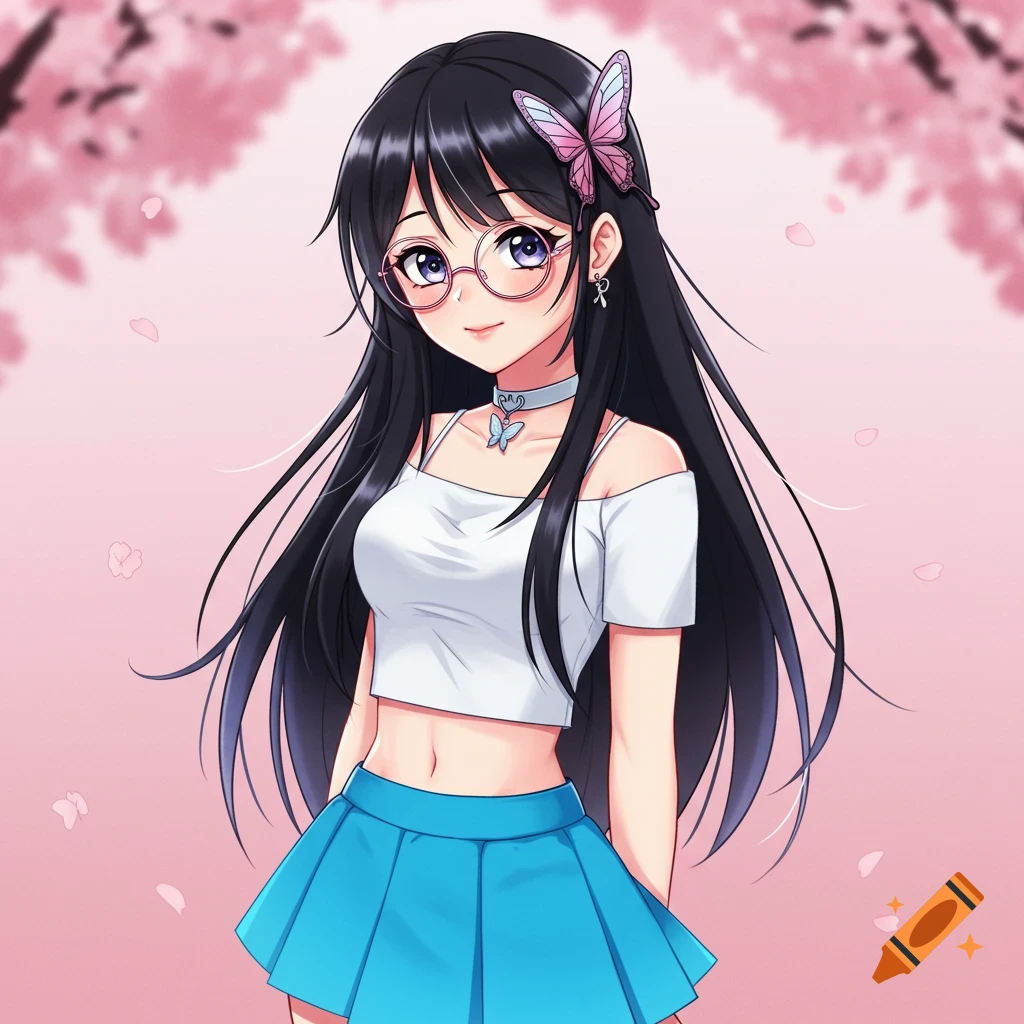 Anime girl with black hair, glasses, white crop top, blue skirt, butterfly accessories under cherry blossoms.