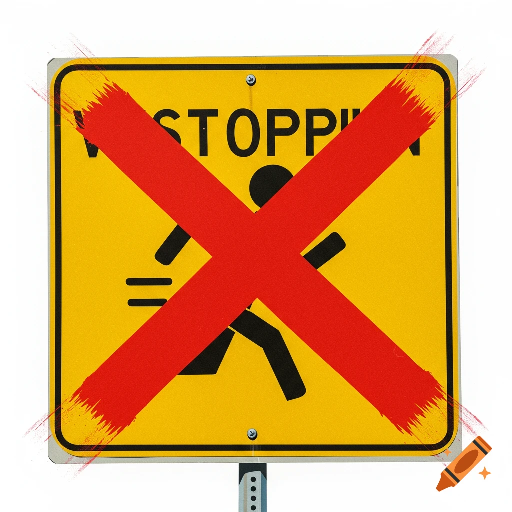 A yellow running person sign with the word STOPP and a red X painted over it.