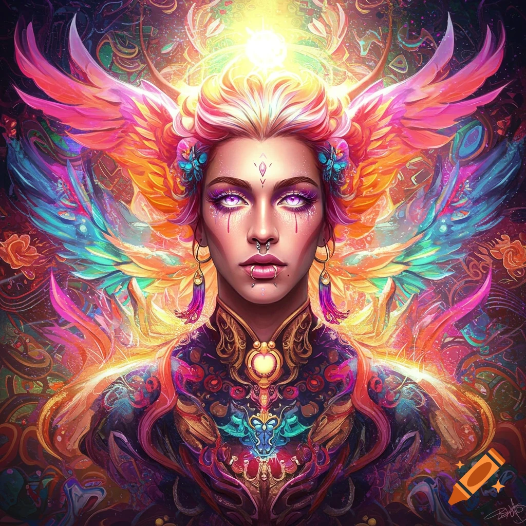 A stylized figure with colorful wings, vibrant patterns, and ornate details.
