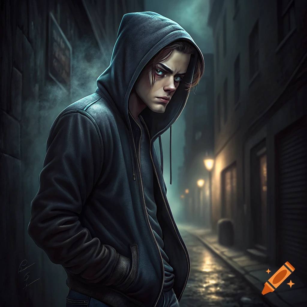 Intense young man in a dark hoodie stands in a foggy, dark alley at night.