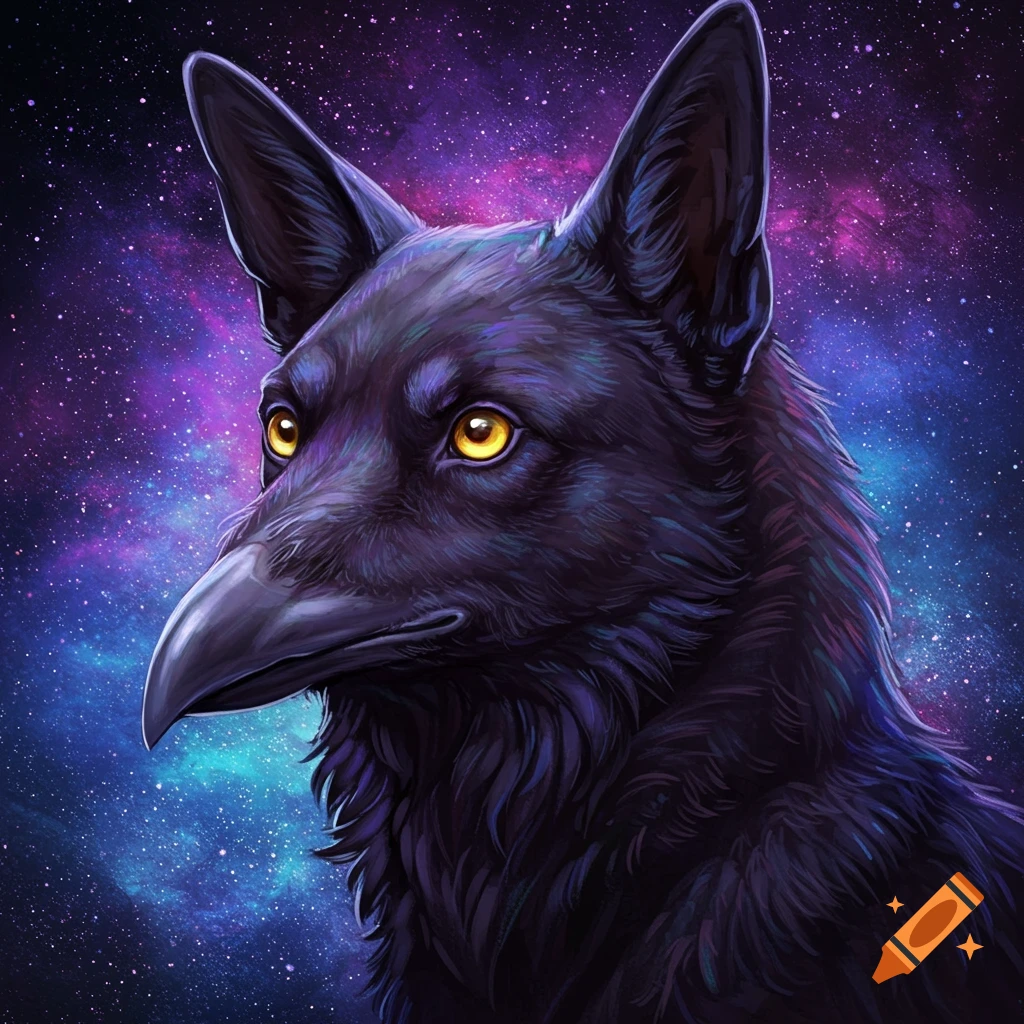 A dark dog-like creature with a raven beak and yellow eyes against a starry space background.