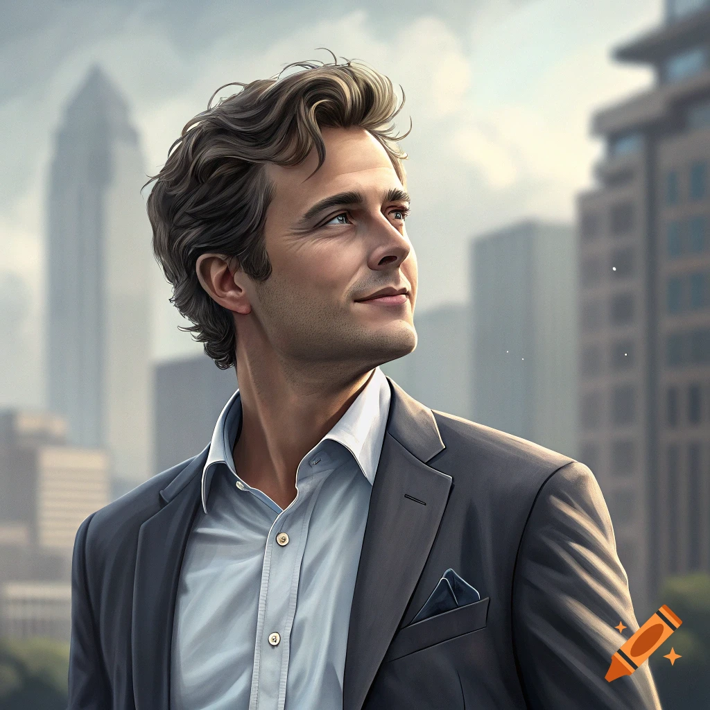Portrait of a man in a suit looking up with a city backdrop.