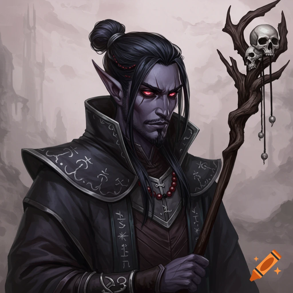 A drow necromancer with dark hair in a man bun, red eyes, holding a staff with skulls.