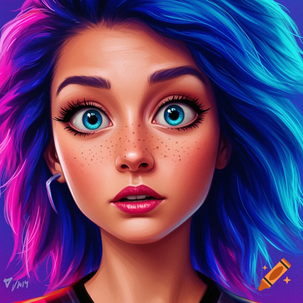 A young woman with vibrant blue and pink hair, large blue eyes, and freckles.