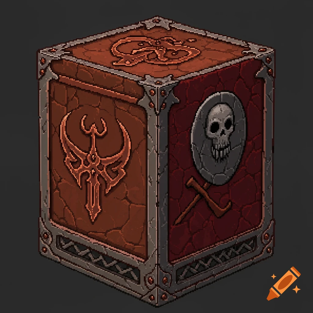 Pixel art cube with fantasy symbols and a skull emblem
