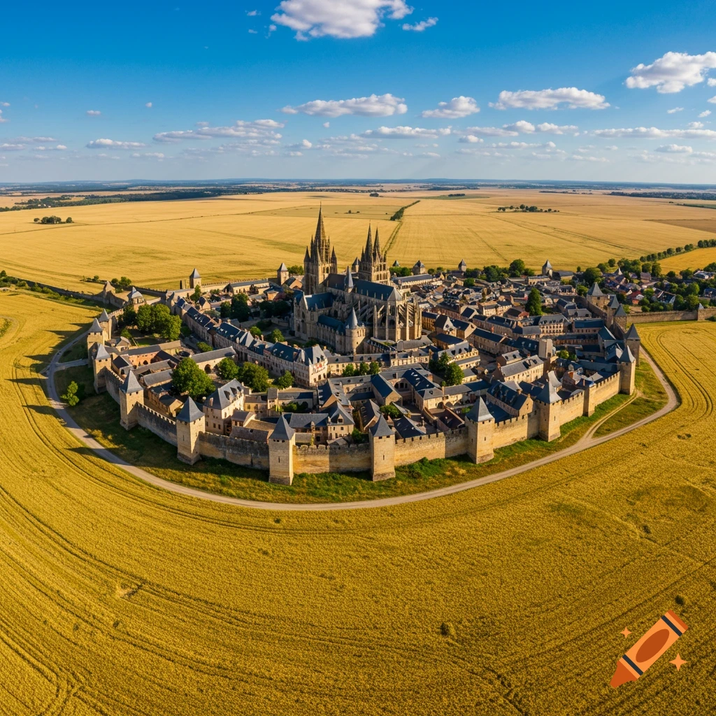 Aerial view of a circular walled medieval city surrounded by golden crop fields under a blue sky.