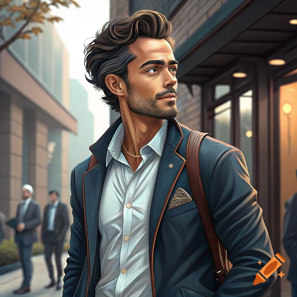 A man in a suit and backpack walks in a city.