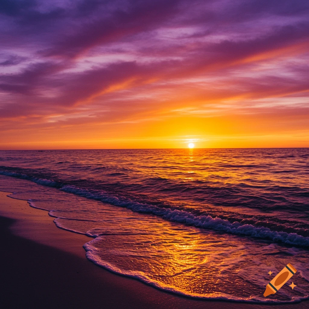 Vibrant purple and orange sunset over the ocean with waves crashing on a sandy beach.