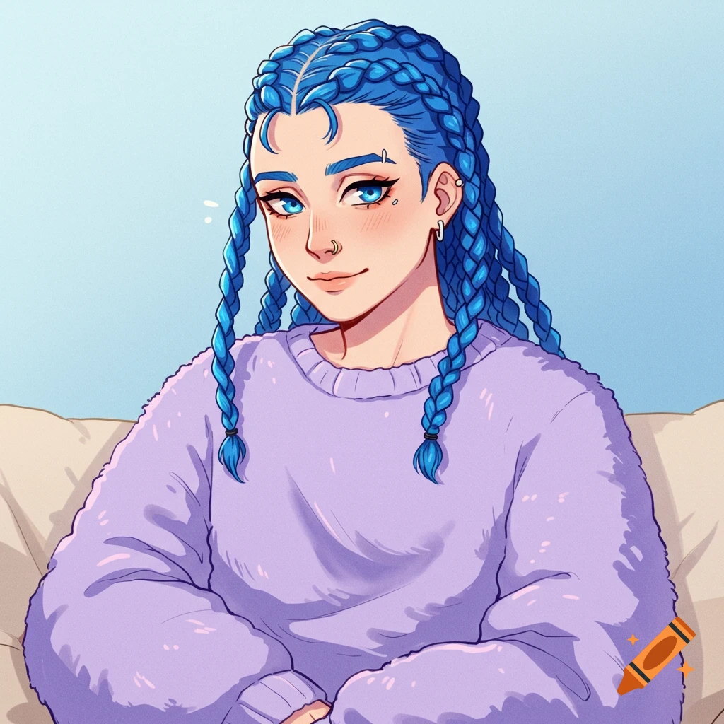 Anime portrait of a person with blue braided hair wearing a purple sweater