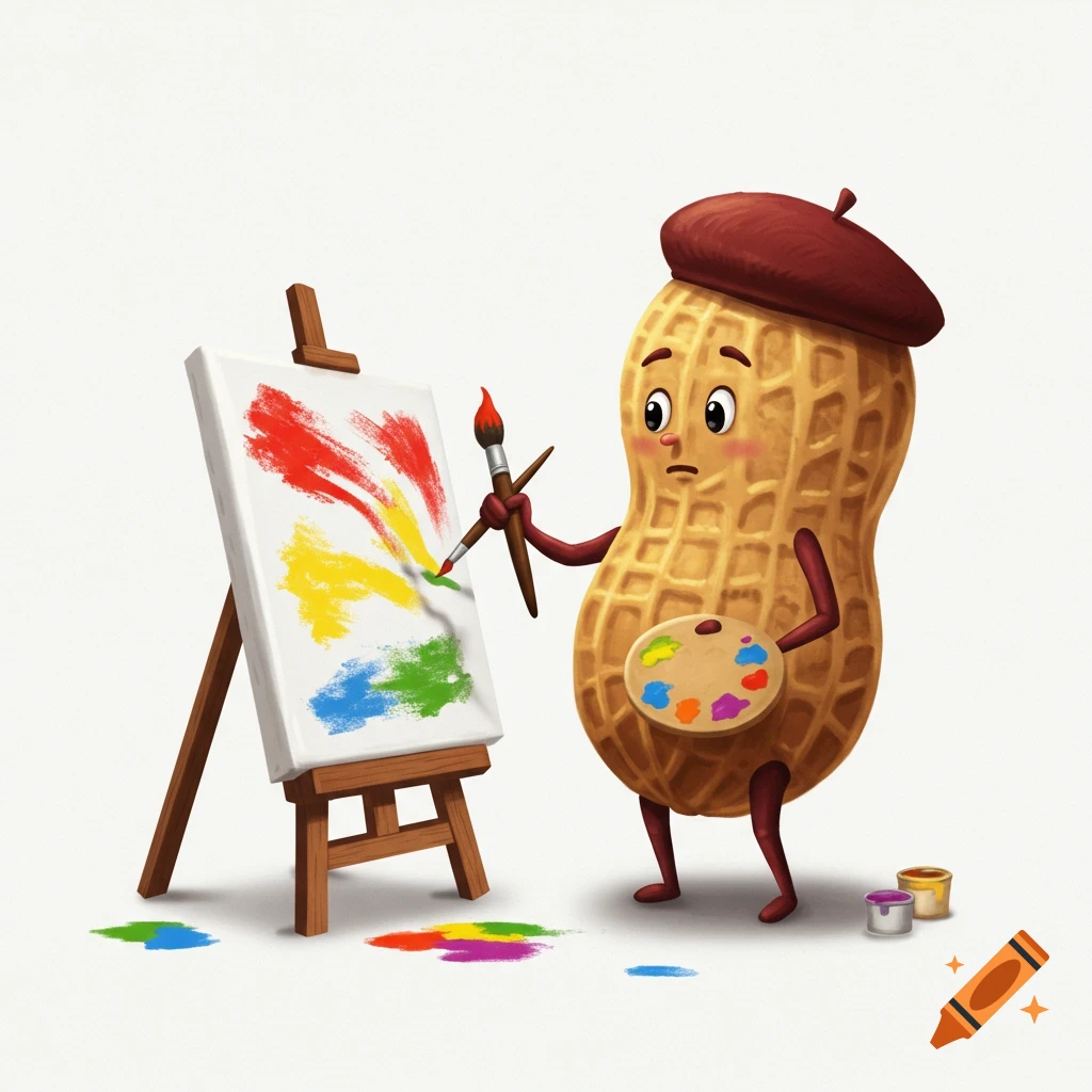 A cartoon peanut character with a beret paints on an easel.