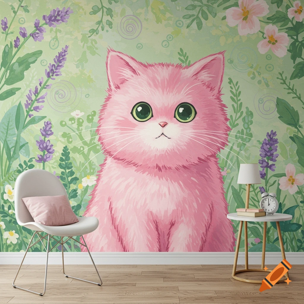 A fluffy pink cat with green eyes in front of a pastel floral wallpaper, Studio Ghibli style.