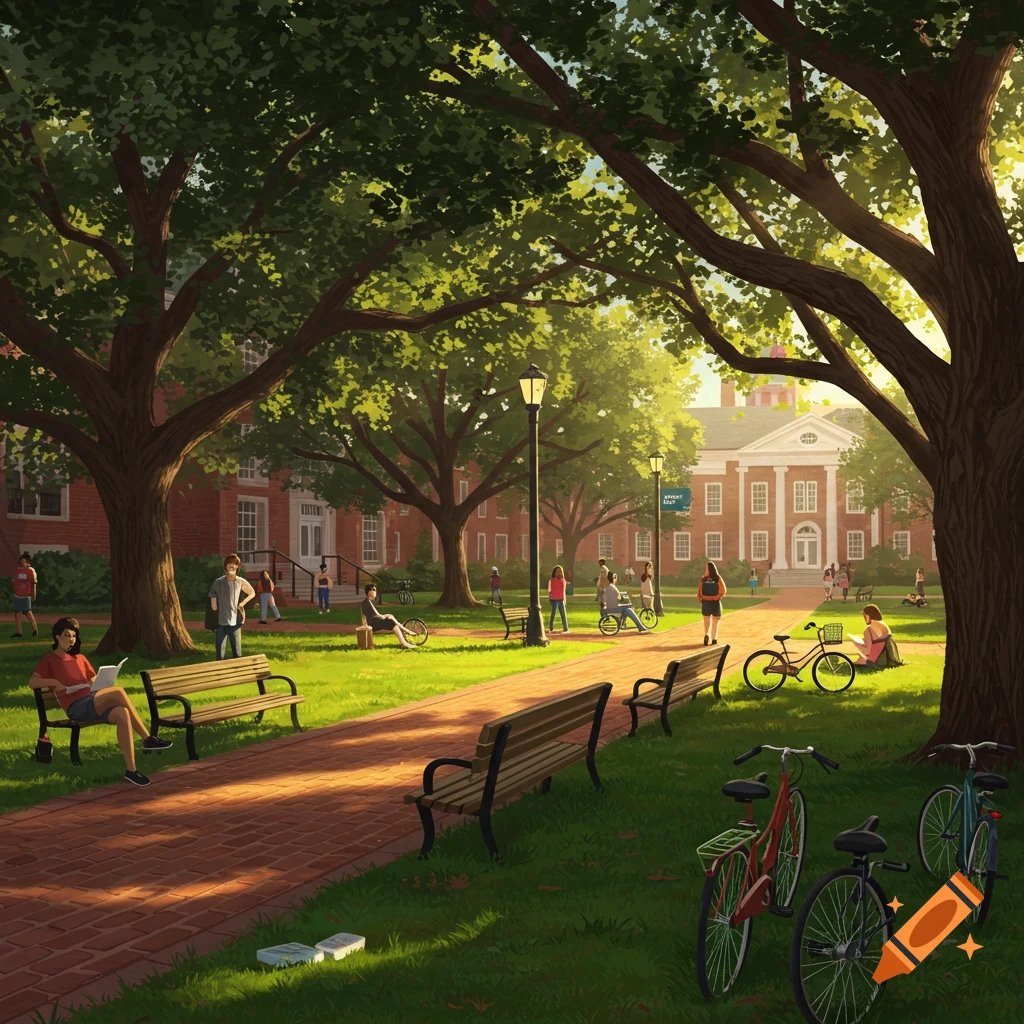 A sunny campus quad with students, trees, benches, and bicycles.