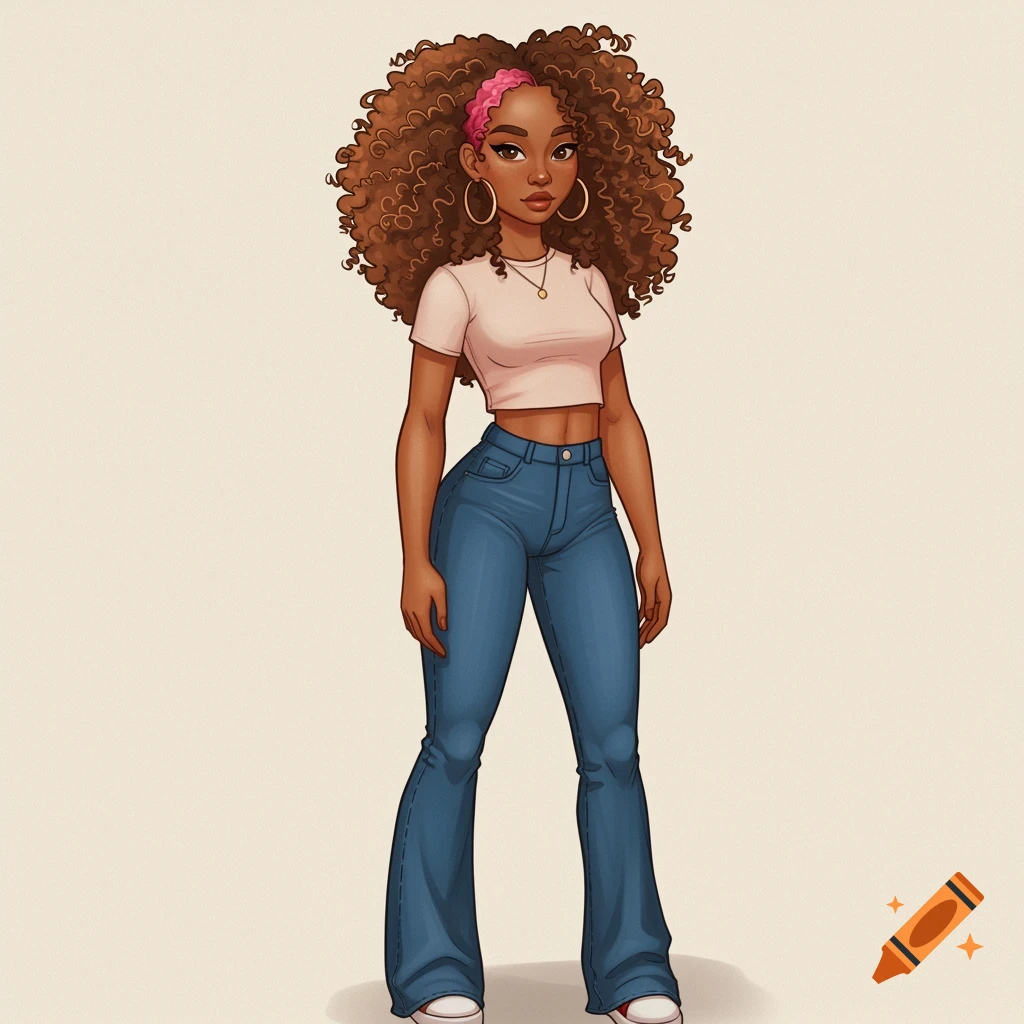 Stylized illustration of a young woman with curly brown hair wearing a pink headband, cropped t-shirt, and flared jeans.
