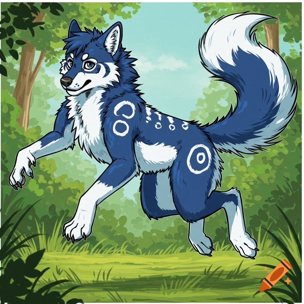 Blue and white furry wolf with markings leaping through a forest, hand-drawn style.