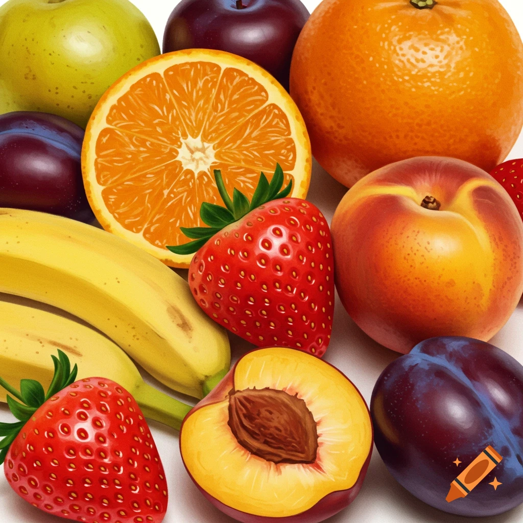 A close-up of a pile of fruit including oranges, bananas, strawberries, plums, apples, and peaches.