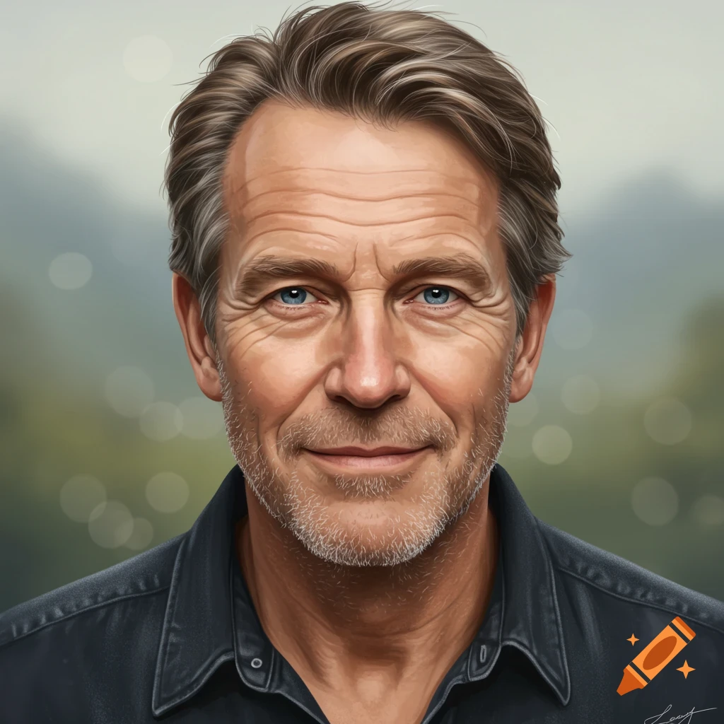 A middle-aged man with blue eyes and a beard.