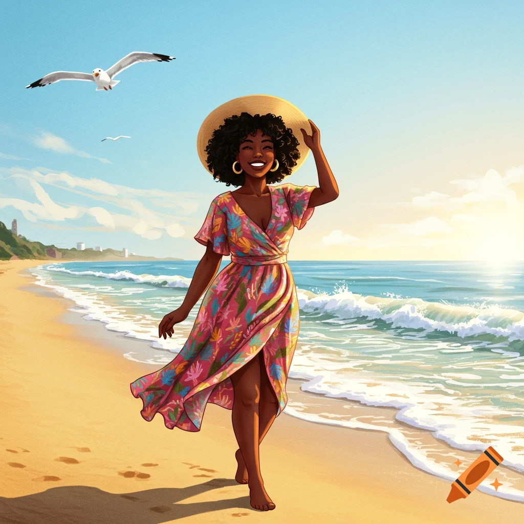 A Black woman walks on a sunny beach in a floral dress and sun hat, with seagulls flying overhead.