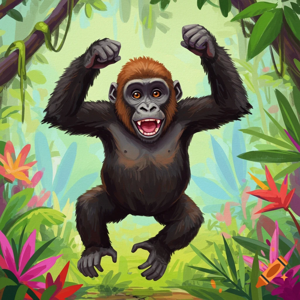 A cartoon gorilla jumping happily in a jungle.