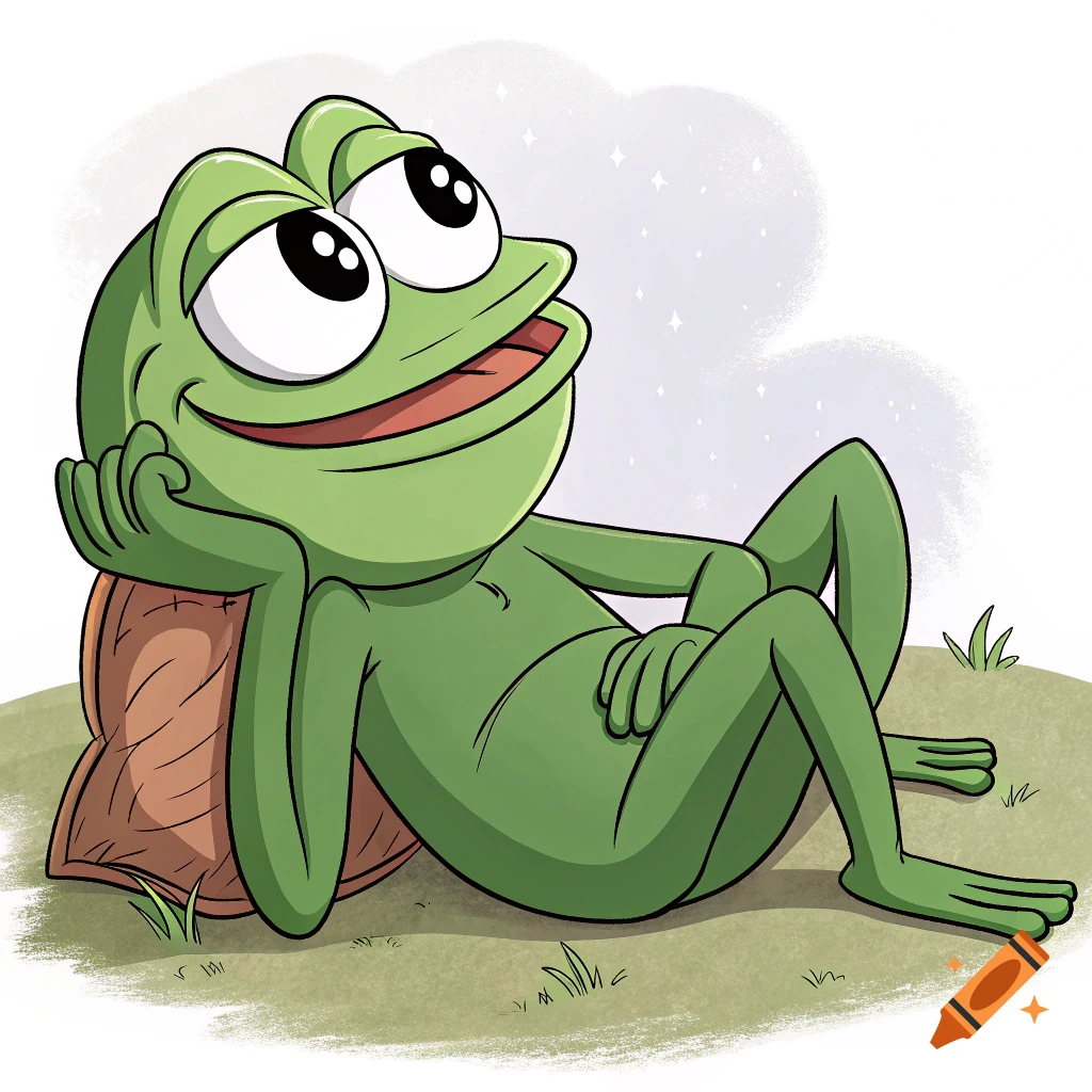 A cartoon frog, Pepe, lies on a pillow looking up at the sky.