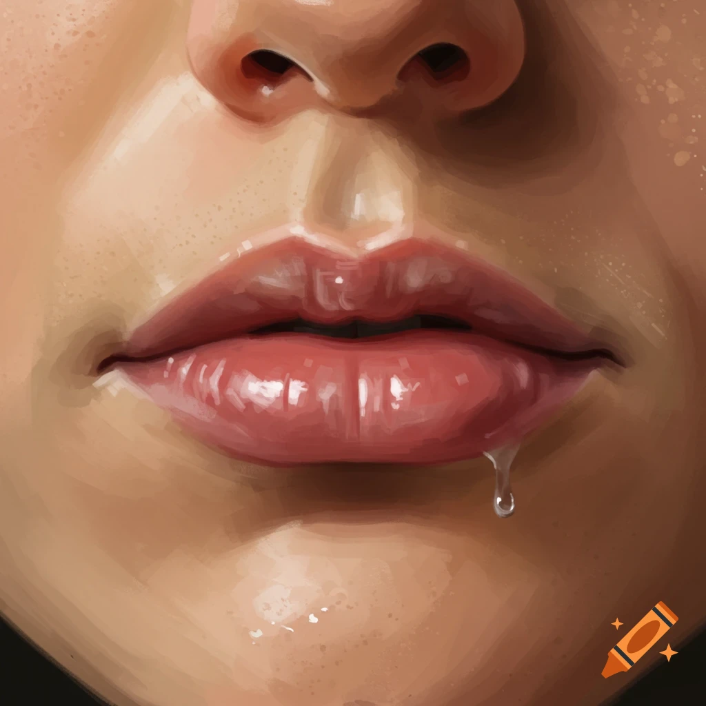 Close-up of a mouth and nose with glossy lips and dripping saliva.