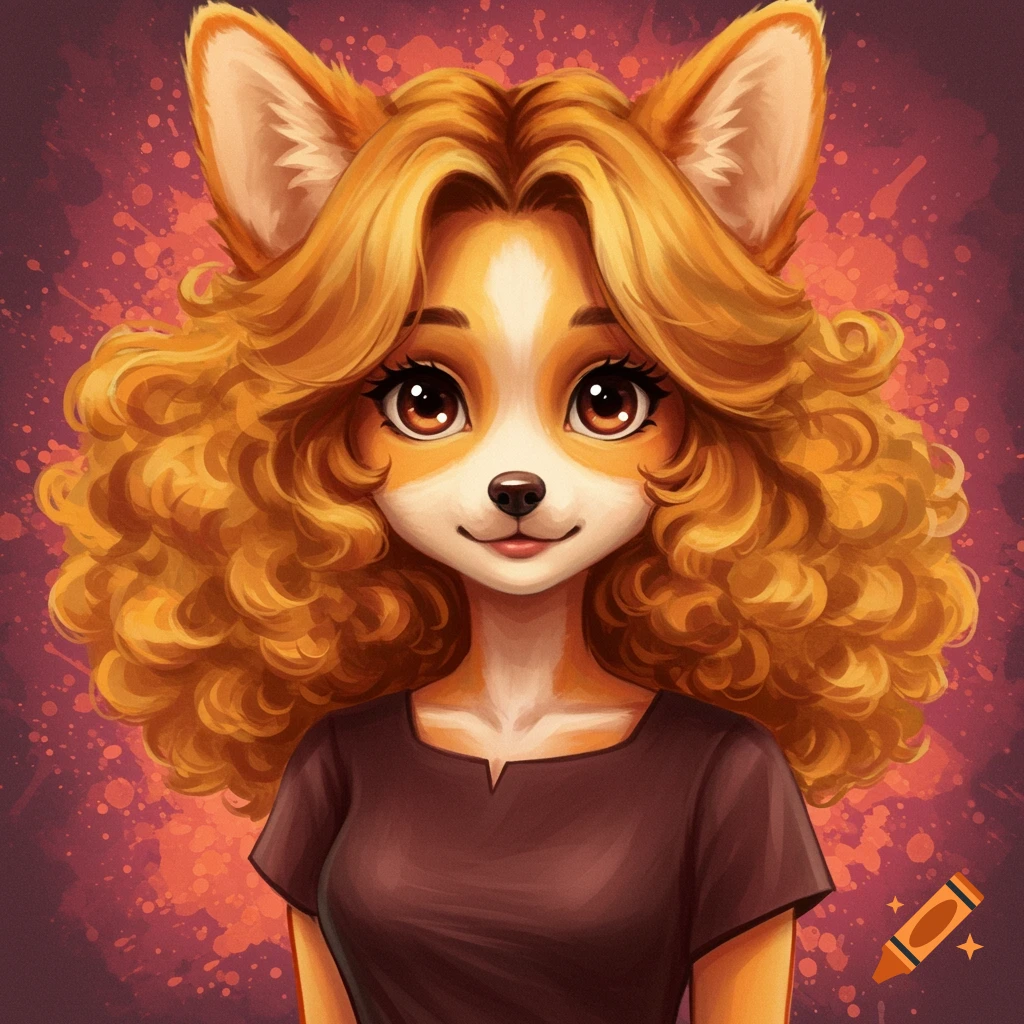 Image of a female Corgi furry with curly golden hair and big eyes wearing a dark top.