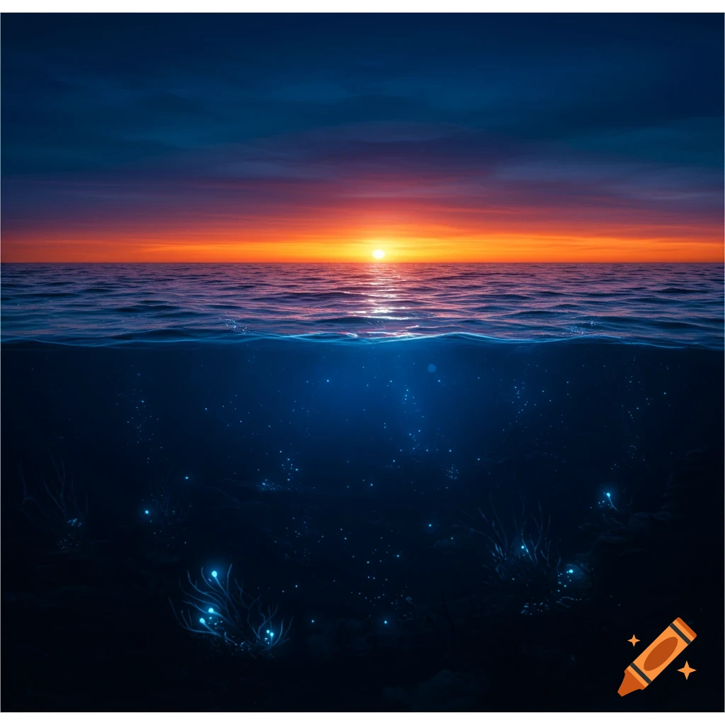 Ocean surface at sunset and dark depths with glowing sea life