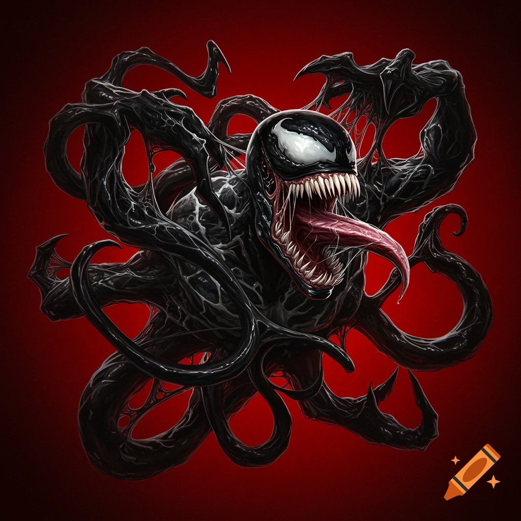 The Marvel character Venom is depicted with tendrils extended against a red background.