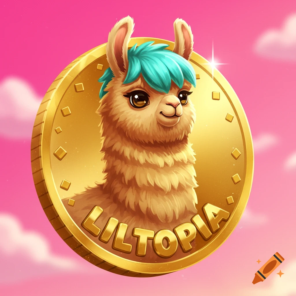Cute cartoon llama face on a golden coin with the text LILTOPIA on it.